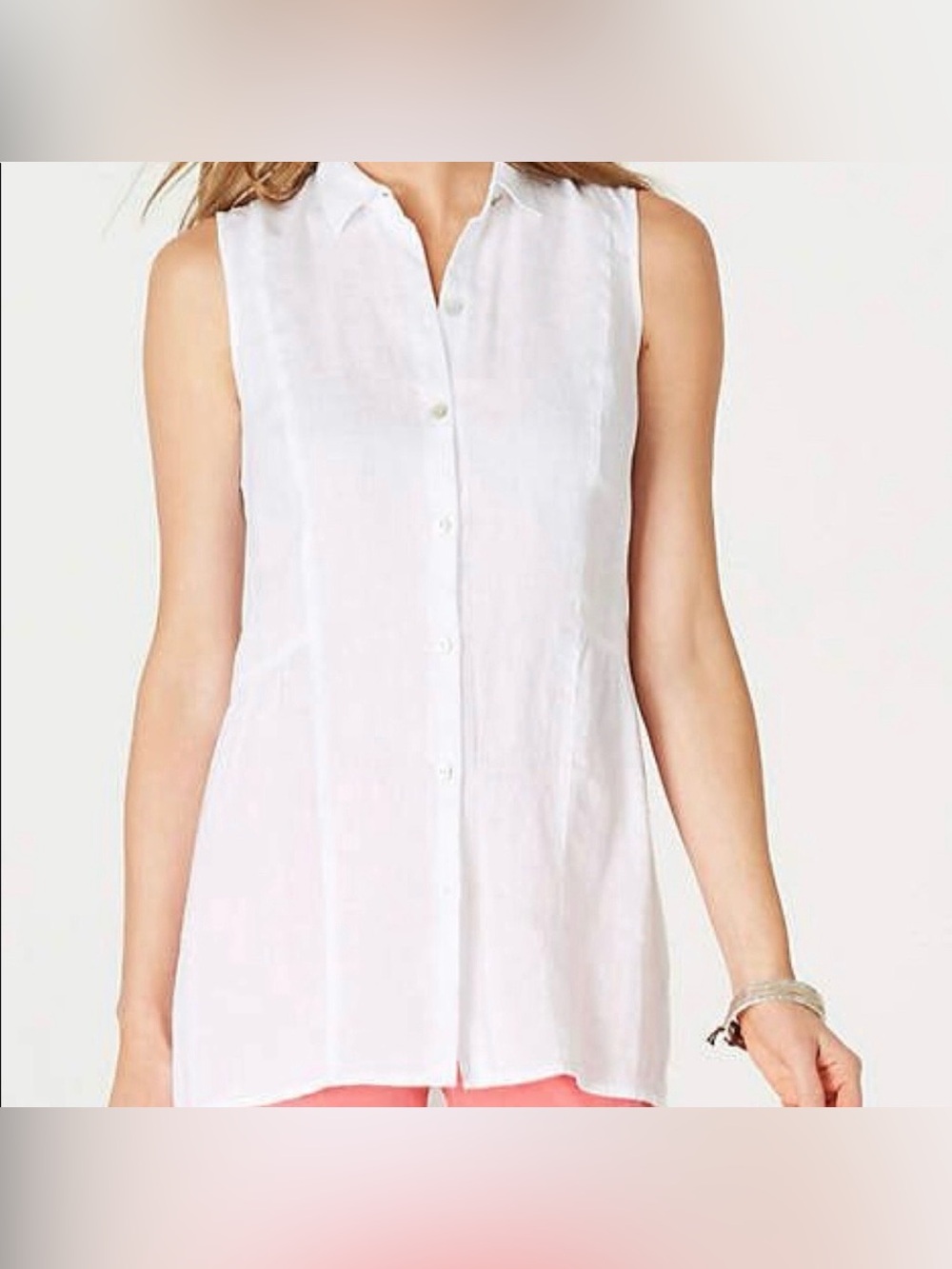 Sleeveless Button-Front White Linen Blend Shirt - Women